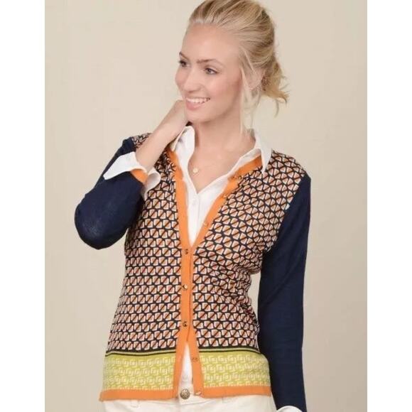 Spartina Fair and Square Cardigan Womens XS Merino Wool Navy & Orange Button - Picture 1 of 8
